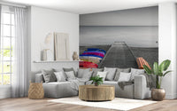 Minimal lounge interior with Kayaks on Pier Wall Mural and calm water scene