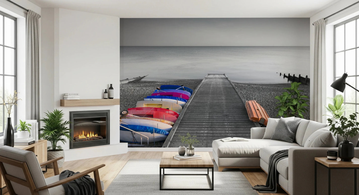 Bright living room styled with Kayaks on Pier Wall Mural and coastal horizon