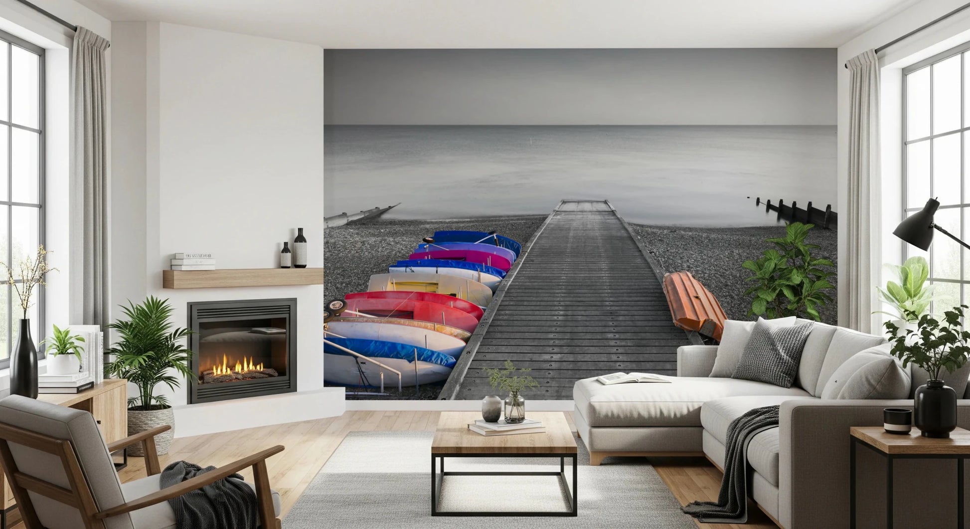 Bright living room styled with Kayaks on Pier Wall Mural and coastal horizon