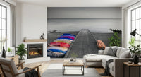 Bright living room styled with Kayaks on Pier Wall Mural and coastal horizon