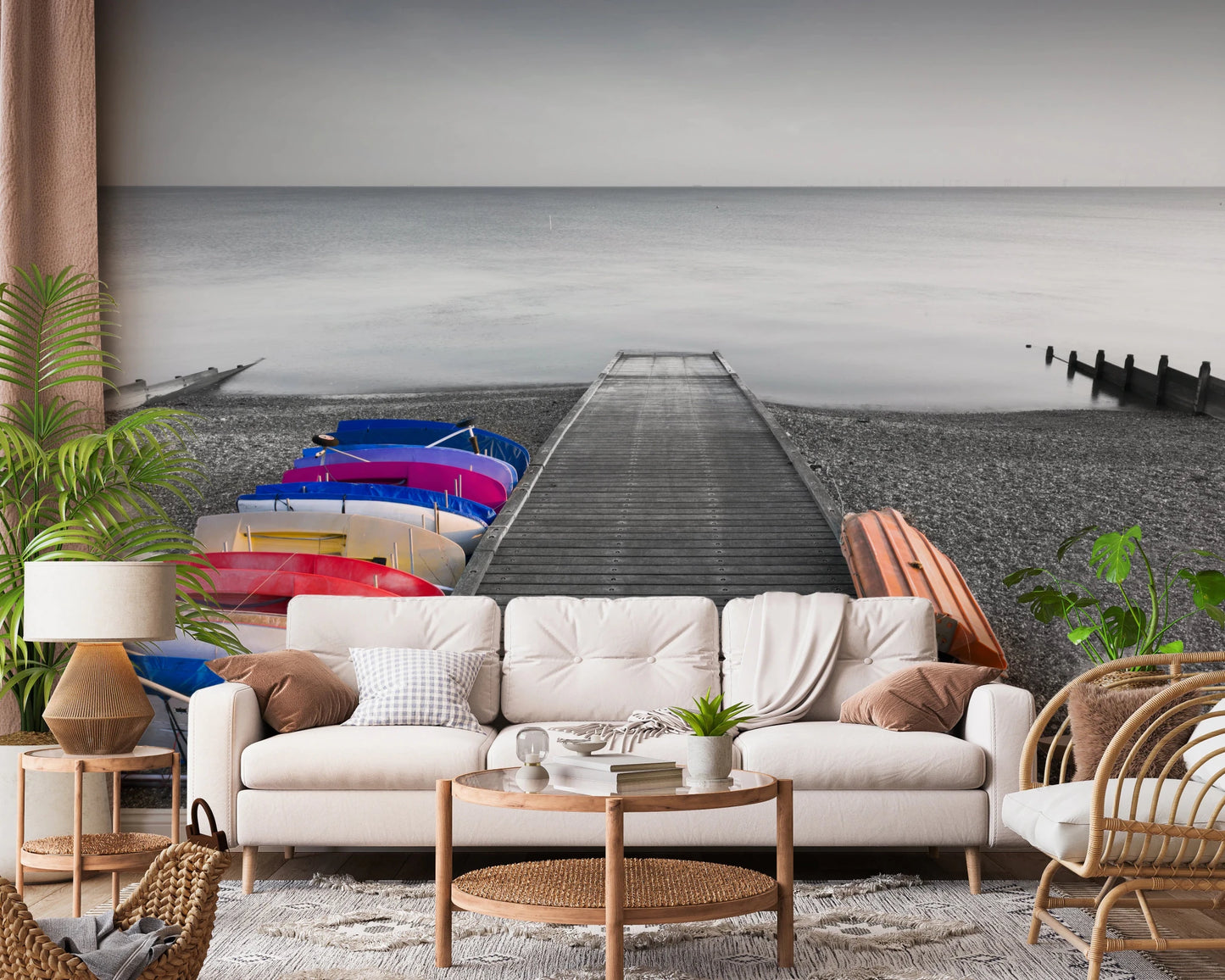 Kitchen space featuring Kayaks on Pier Wall Mural with pier leading outward