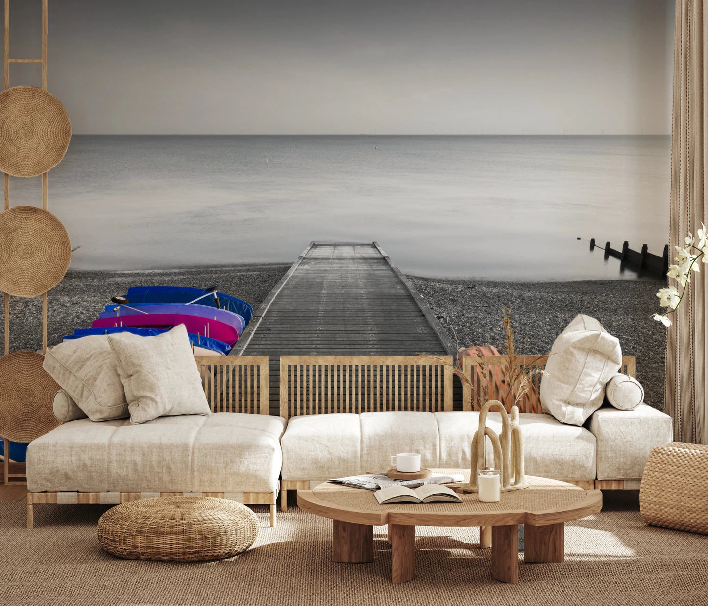 Relaxed sitting room with Kayaks on Pier Wall Mural and minimal coastal view