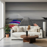 Modern Living with Kayaks on Pier Wall Mural and quiet shoreline backdrop