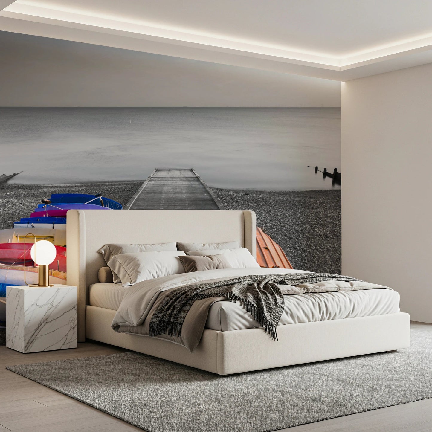 Bedroom styled with Kayaks on Pier Wall Mural and soft grey ocean tones