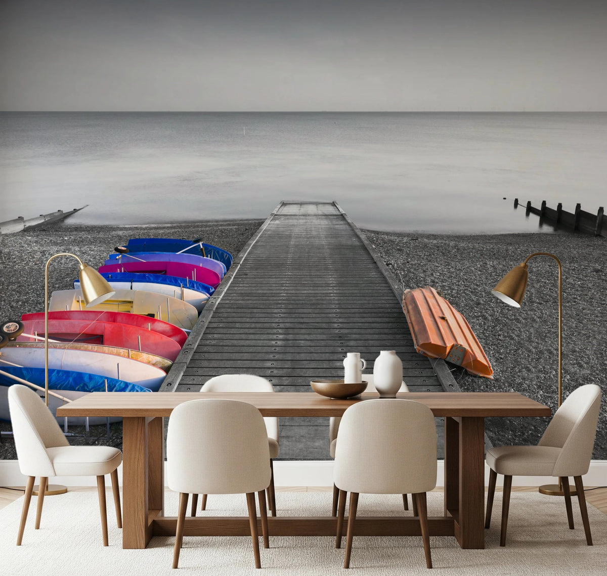 Dining room setup with Kayaks on Pier Wall Mural and long dock ocean view, GD8239