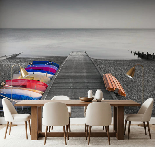 Dining room setup with Kayaks on Pier Wall Mural and long dock ocean view