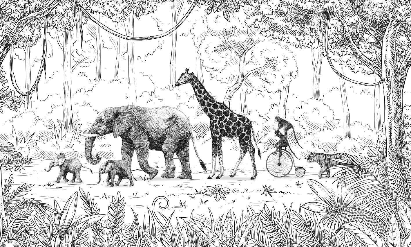 Animal Parade Black and White Wall Mural