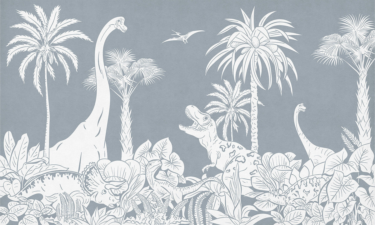 Monochrome Dino Blue Mural in your room — zoomed