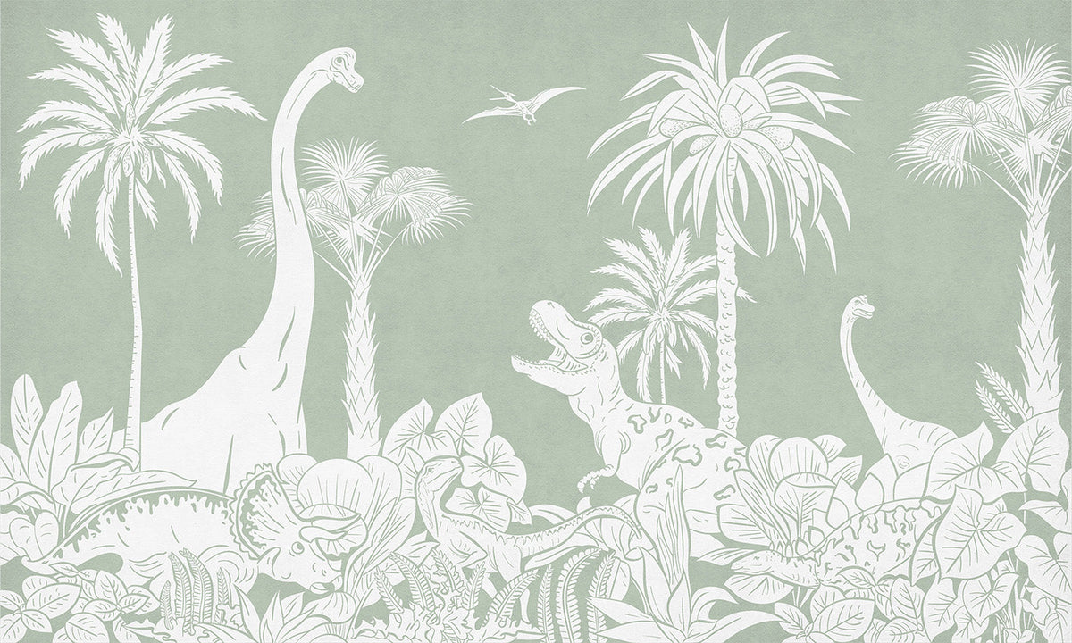 Monochrome Dino Green Wall Mural in your room — zoomed