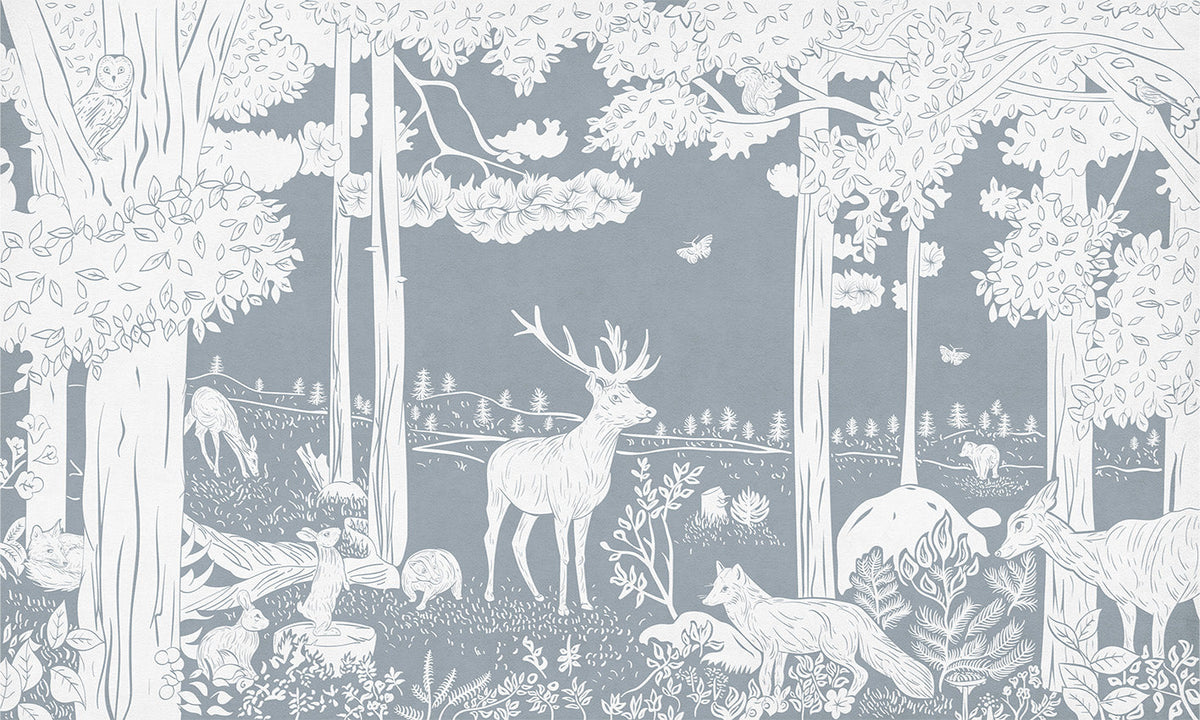 Monochrome Forest Blue Wallpaper Mural in your room — zoomed