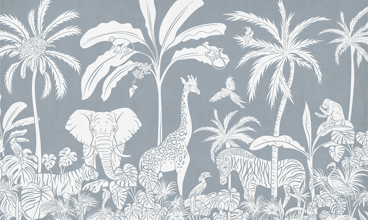 Monochrome Jungle Blue Wall Mural in your room — zoomed