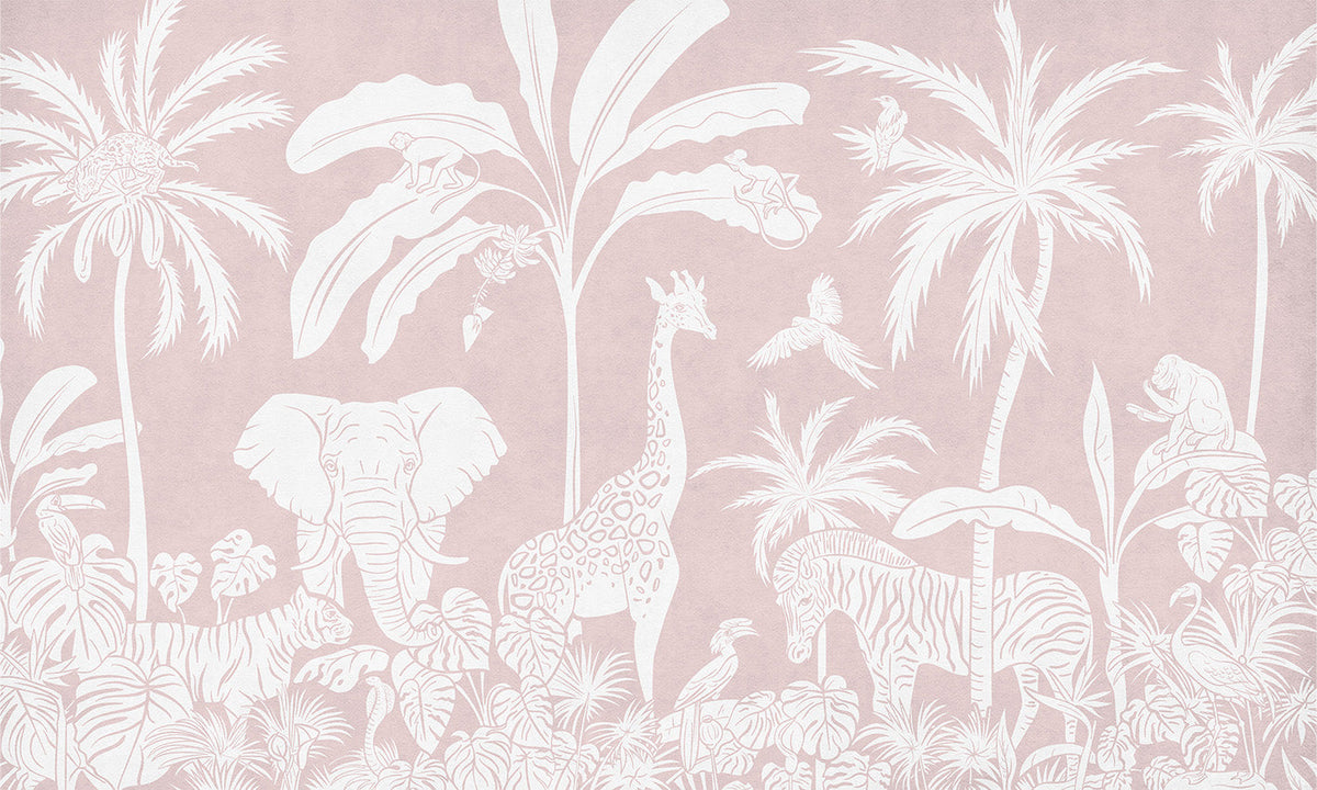 Monochrome Jungle Pink Wall Mural in your room — zoomed