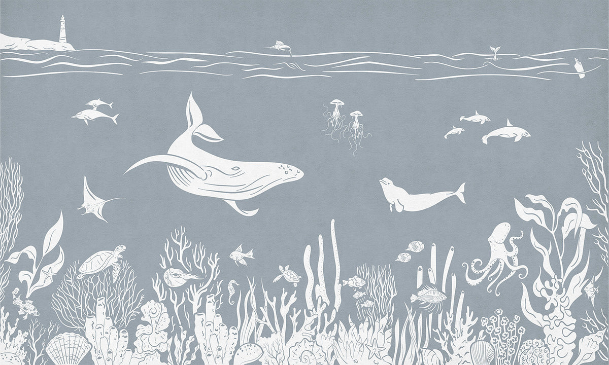 Monochrome Sea Blue Wallpaper Mural in your room — zoomed