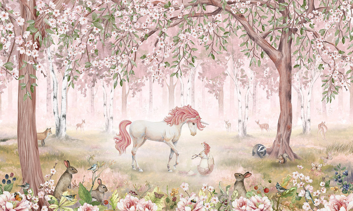 Unicorn Forest Pink Wallpaper Mural in your room — zoomed