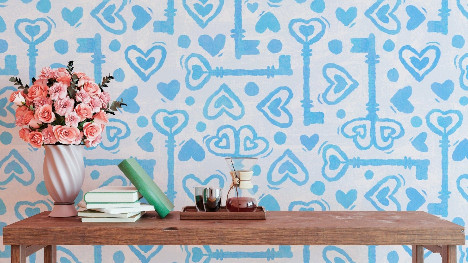 Blue heart and key pattern on white background
