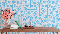Blue heart and key pattern on white background
