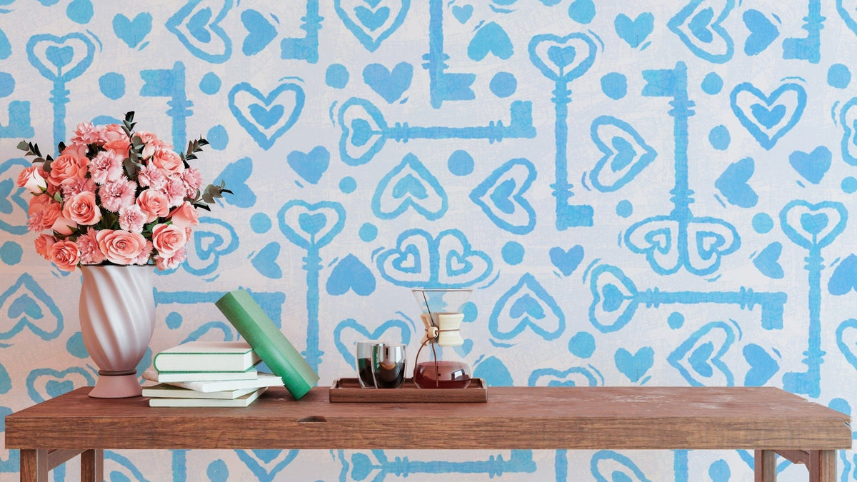 Blue heart and key pattern on white background RNM51
