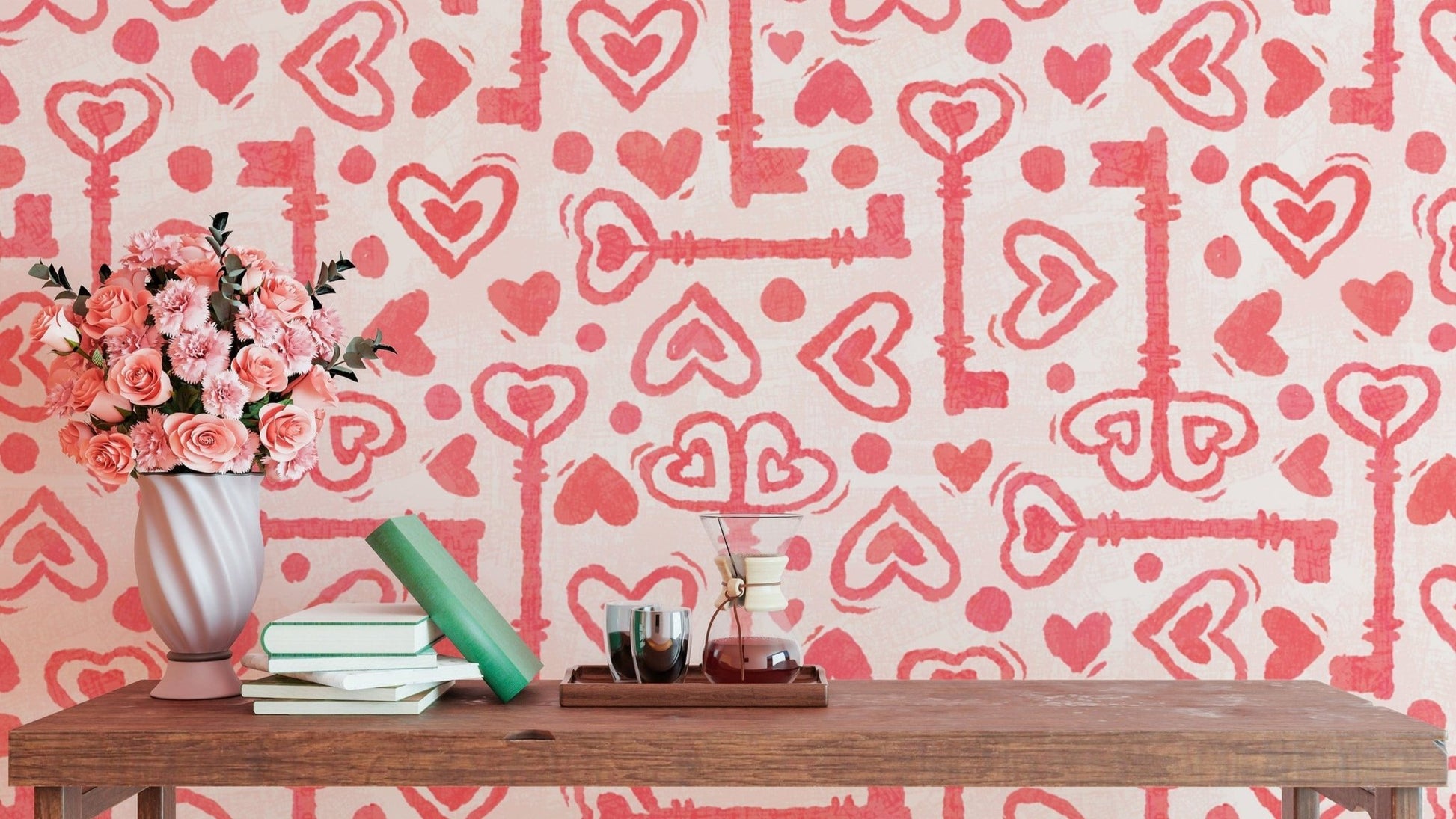 Romantic pink wallpaper with hearts and keys
