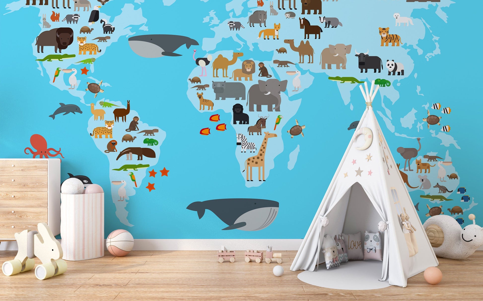 World map animals wall mural
