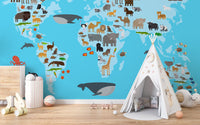 World map animals wall mural

