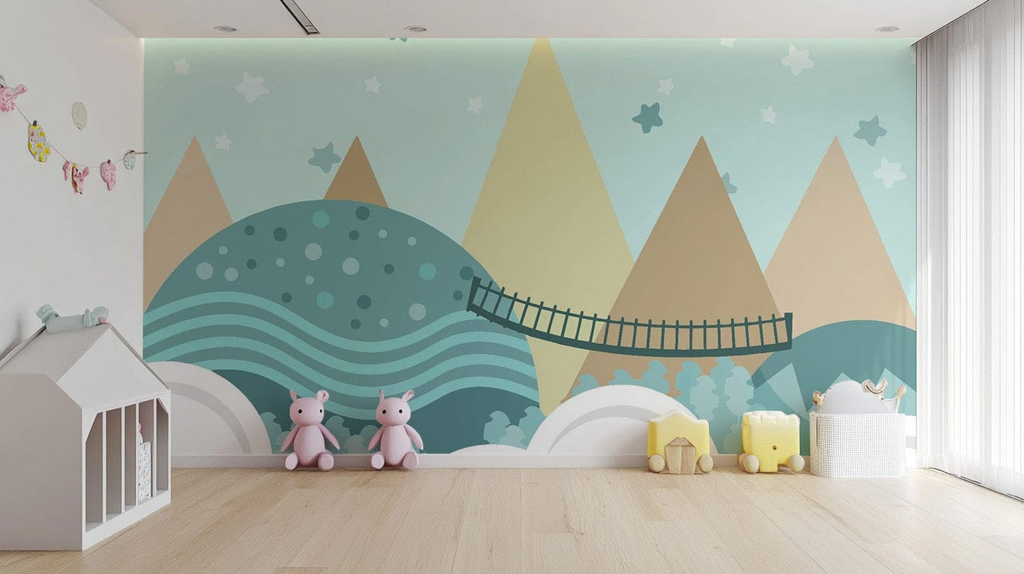 Soft pastel animated motifs in Kids Wallpaper design mountain-22
