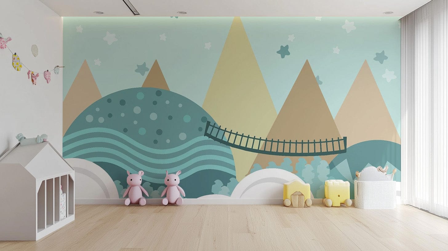 Soft pastel animated motifs in Kids Wallpaper design mountain-22
