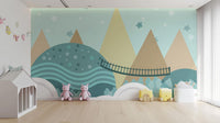 Soft pastel animated motifs in Kids Wallpaper design mountain-22

