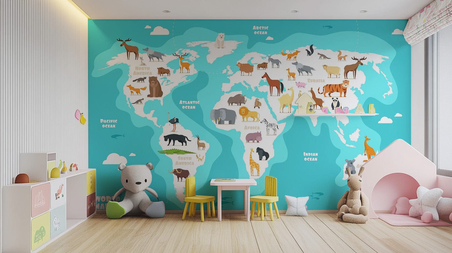 Wildlife Animals World Map Wallpaper Mural map-08