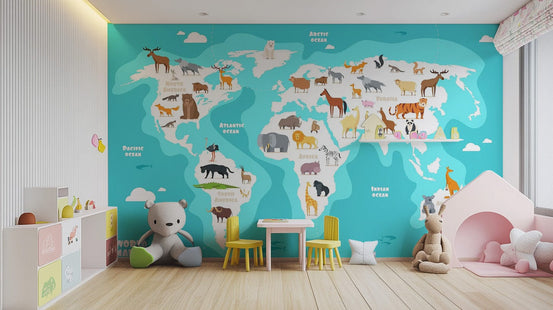 Wildlife Animals World Map Wallpaper Mural map-08