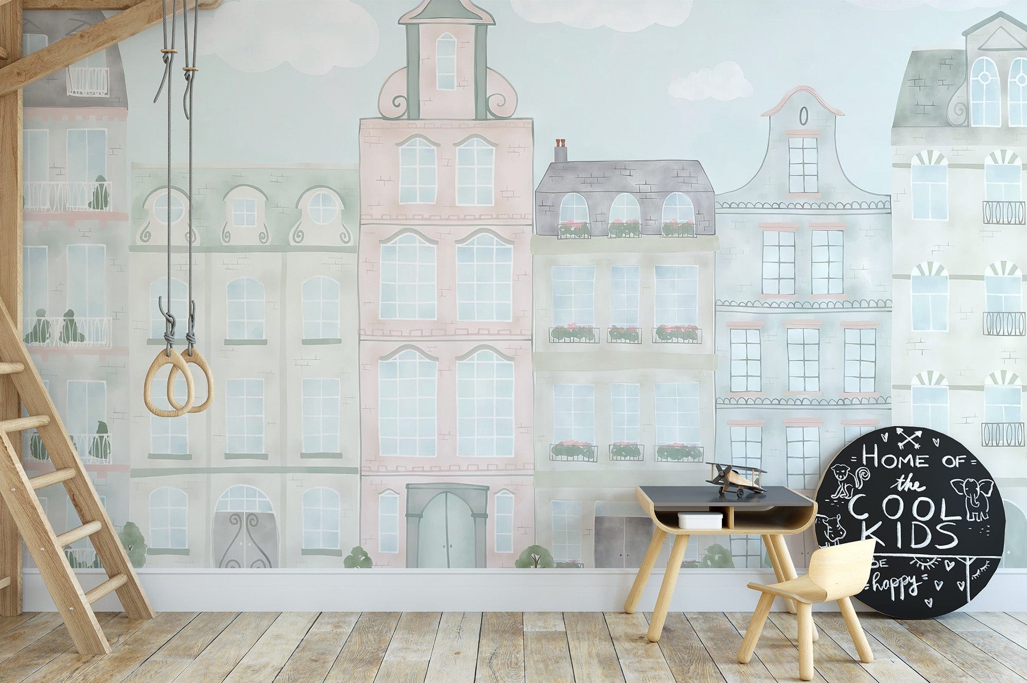 Watercolor City Scene Mural Wallpaper for nursery, C293