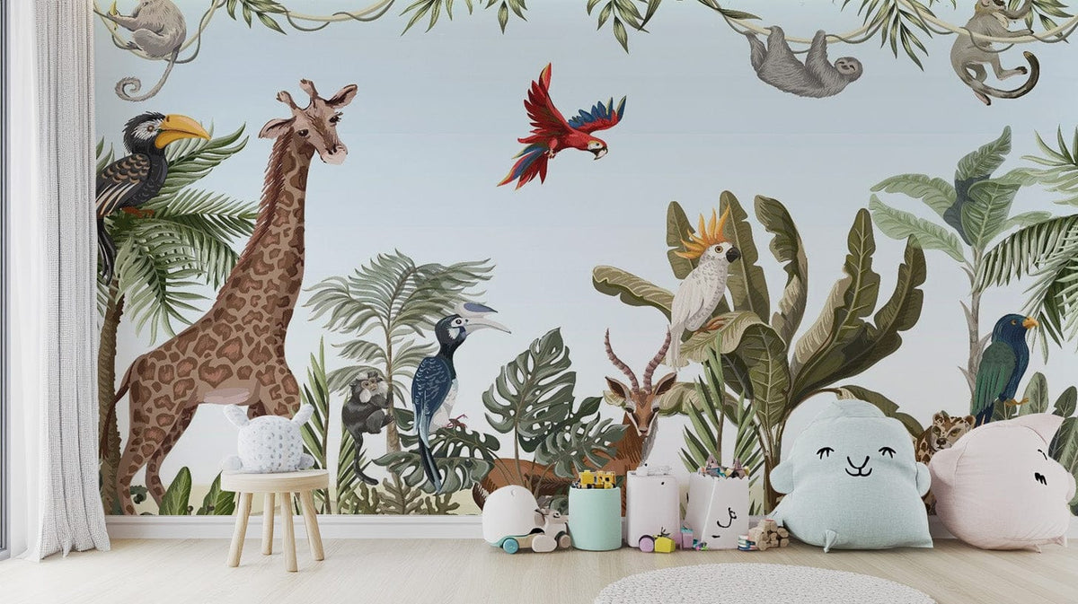 Playful kids' jungle safari wallpaper mural with exotic animals., tropical-06
