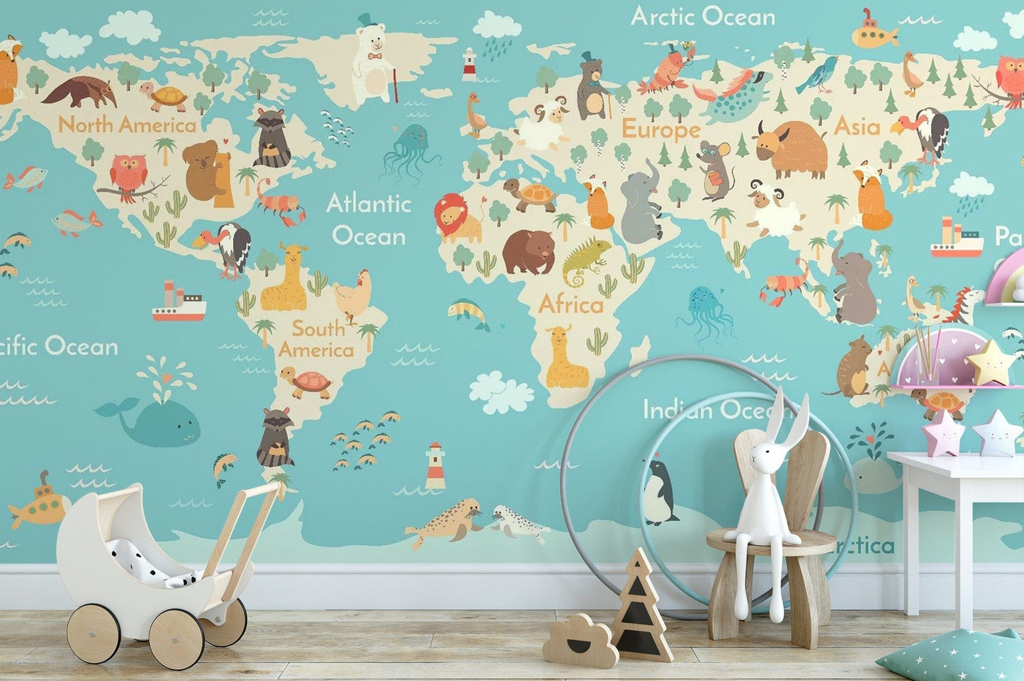 Colorful animal world map mural for kids map-12
