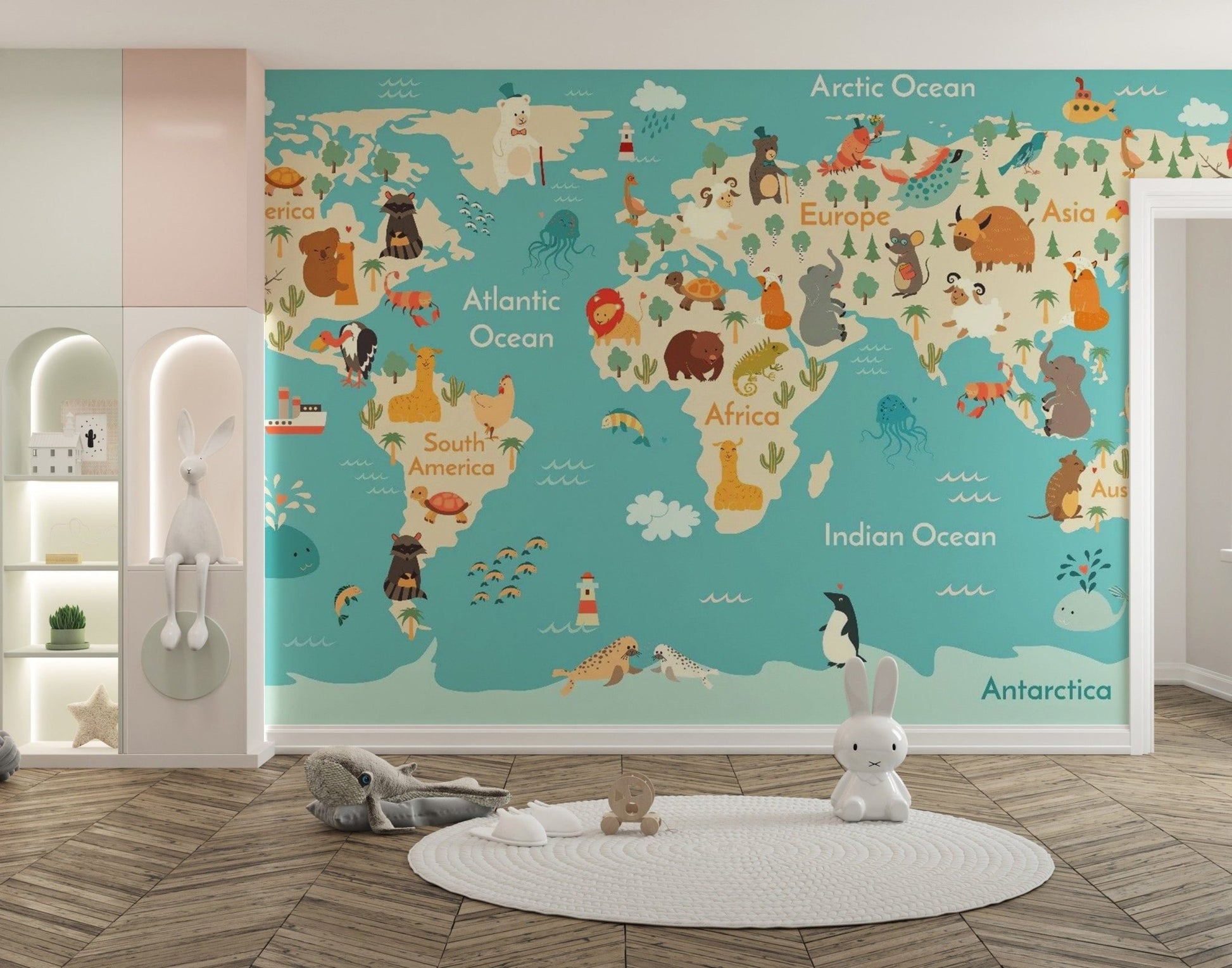 Animal-themed world map mural for nursery map-12
