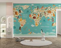 Animal-themed world map mural for nursery map-12
