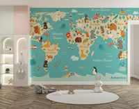 Animal-themed world map mural for nursery
