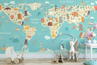 Colorful animal world map mural for kids
