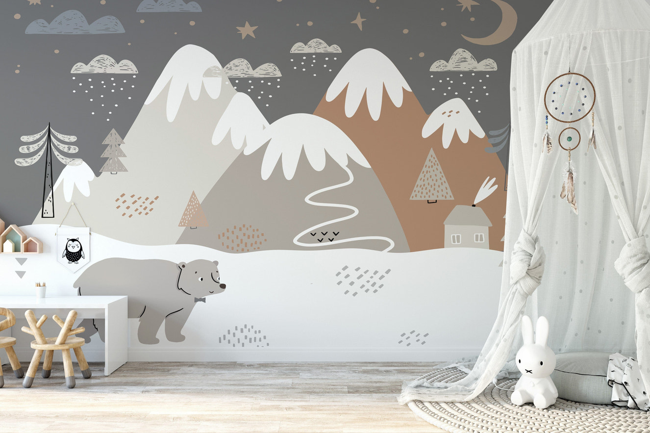 Snowy bear and mountain wallpaper mural
