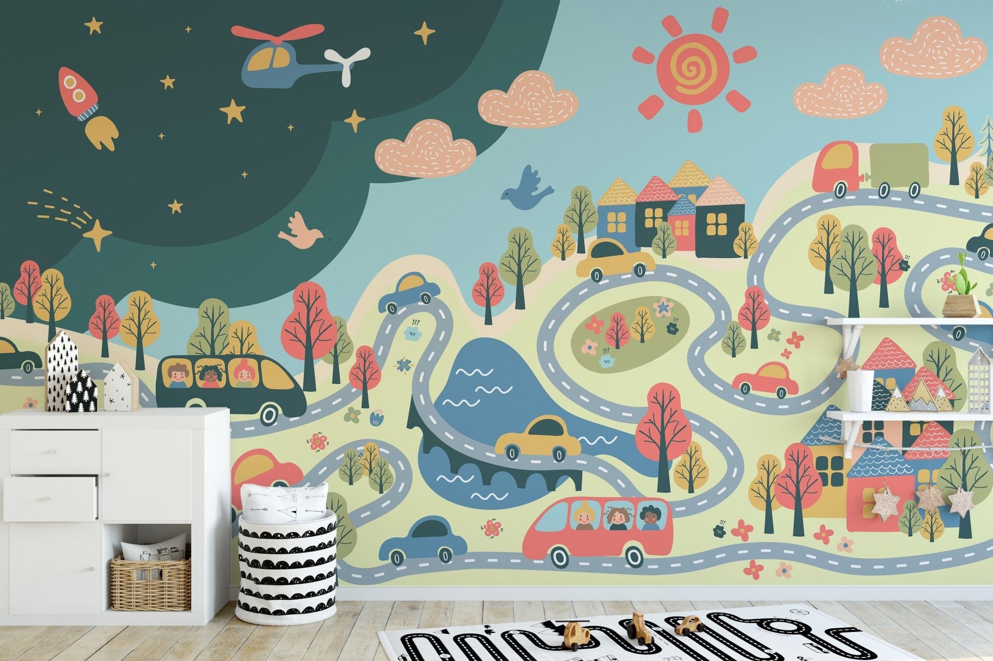 Vibrant kids' city view wall mural
