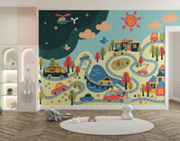 Colorful bustling city wallpaper for kids
