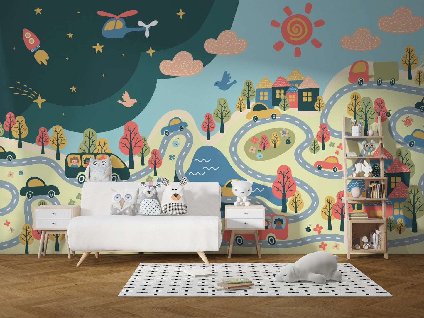 Fun city adventure mural for children
