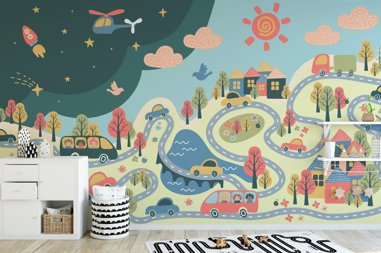 Vibrant kids' city view wall mural
