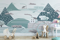 Kids room mural of winter countryside scene
