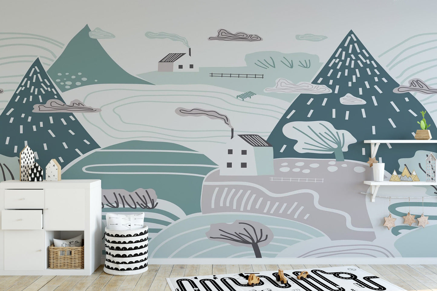 Nursery cloudy wallpaper mural with hills
