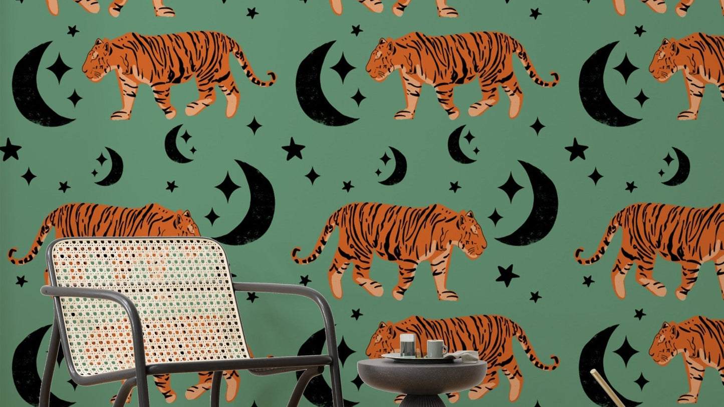 Cool tiger design Tiger Moon Green Kids Wallpaper