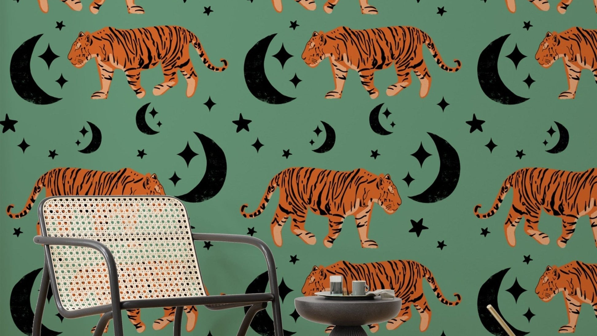 Cool tiger design Tiger Moon Green Kids Wallpaper