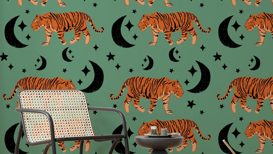Cool tiger design Tiger Moon Green Kids Wallpaper, SUSCT34