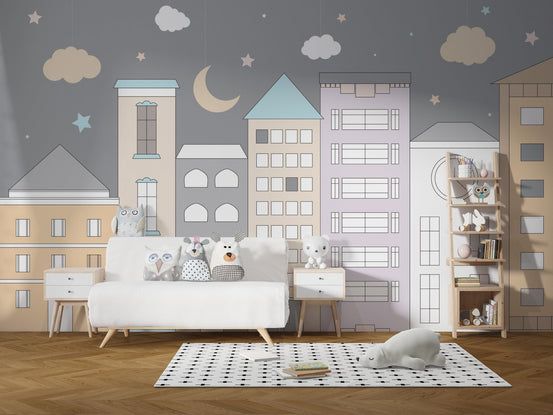Playful pastel town wallpaper with stars and clouds. A777