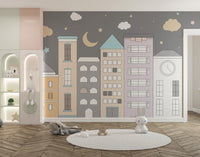 Adorable townscape wallpaper for children's spaces.