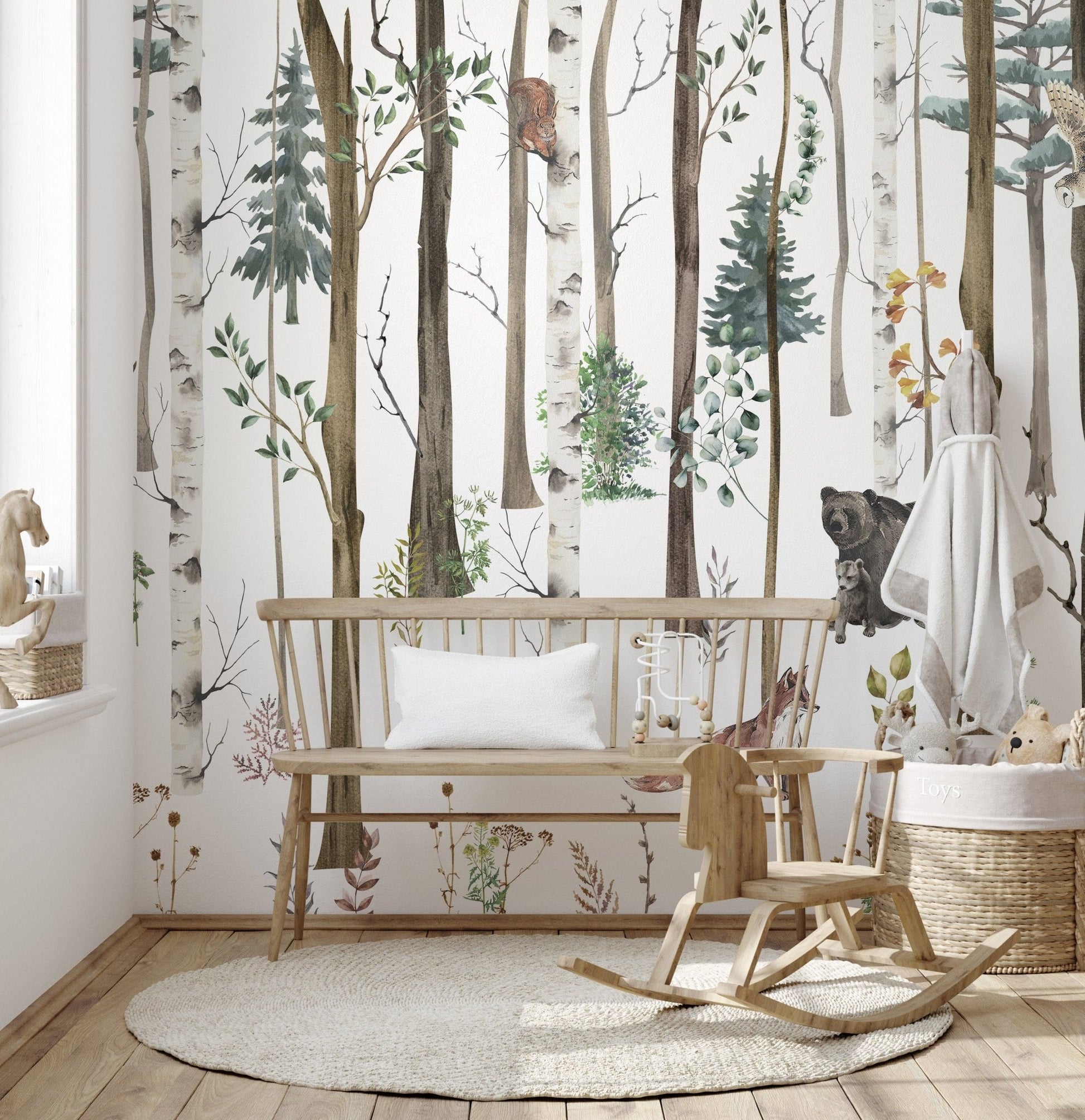 Calm snowy forest wallpaper with animals
