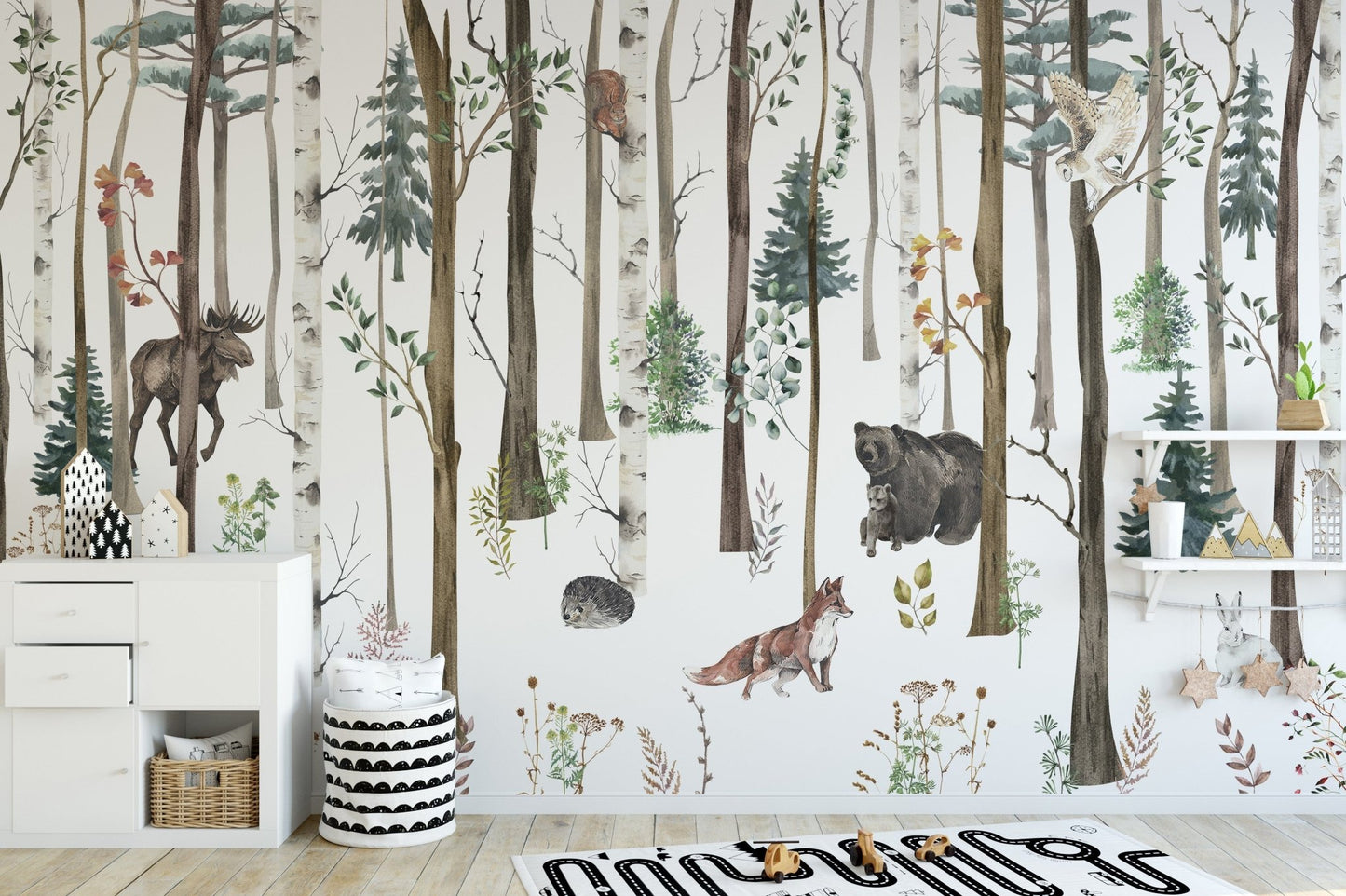 Winter forest wallpaper featuring fox and bear
